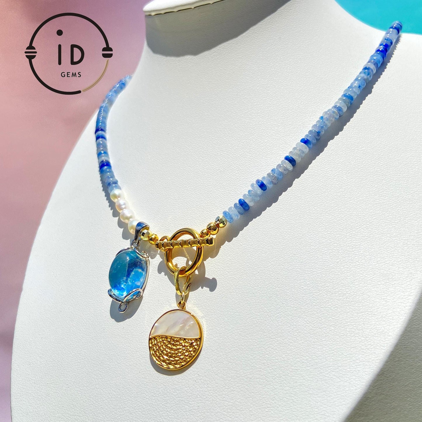 Rohtextur blaue Flachperlen Halskette | Natürliches Muster Design | Aquamarin Perlenkette | Einzigartiger handgemachter Geschenk-Schmuck