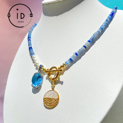 Rohtextur blaue Flachperlen Halskette | Natürliches Muster Design | Aquamarin Perlenkette | Einzigartiger handgemachter Geschenk-Schmuck