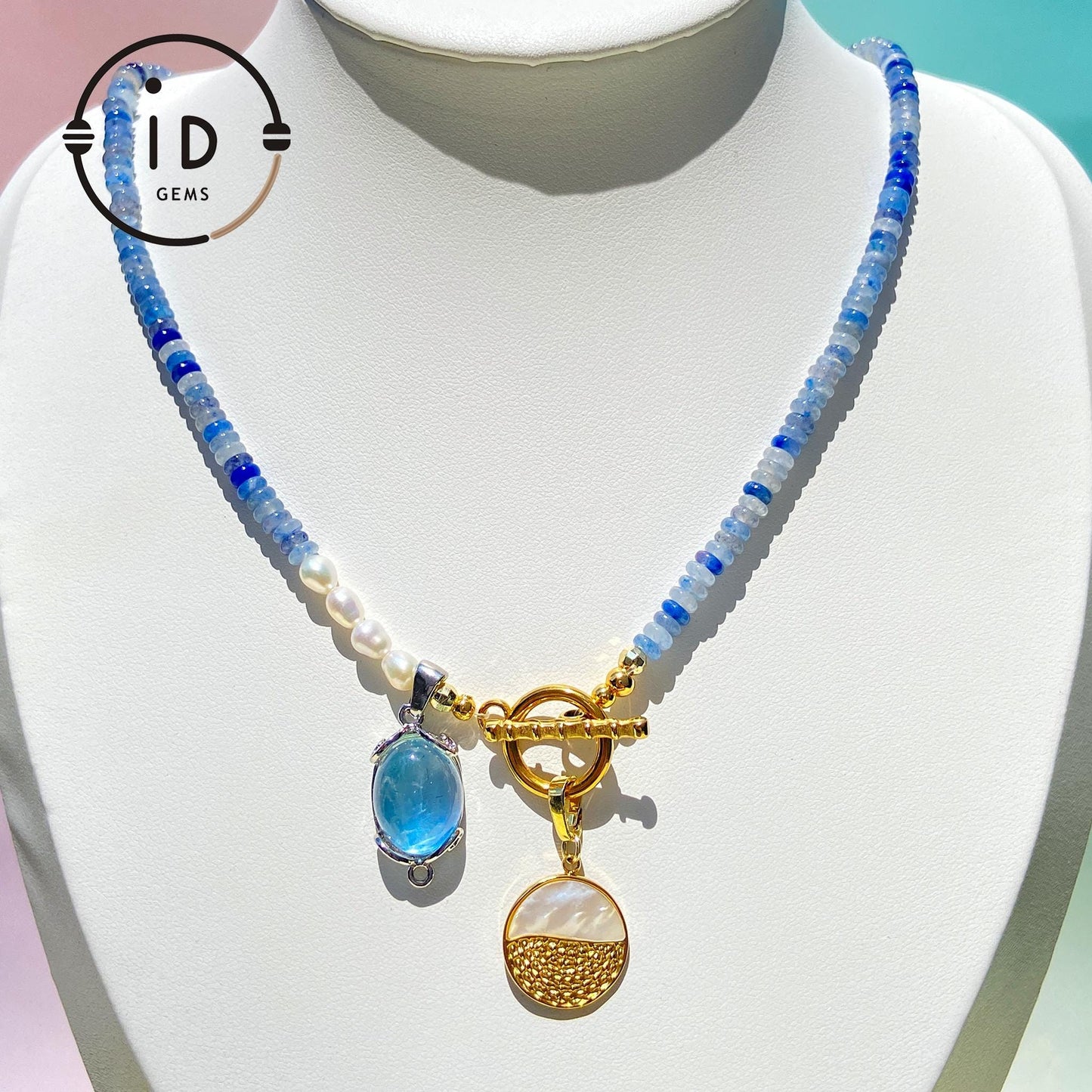 Rohtextur blaue Flachperlen Halskette | Natürliches Muster Design | Aquamarin Perlenkette | Einzigartiger handgemachter Geschenk-Schmuck