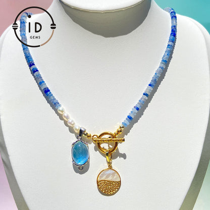 Rohtextur blaue Flachperlen Halskette | Natürliches Muster Design | Aquamarin Perlenkette | Einzigartiger handgemachter Geschenk-Schmuck