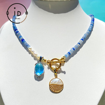 Rohtextur blaue Flachperlen Halskette | Natürliches Muster Design | Aquamarin Perlenkette | Einzigartiger handgemachter Geschenk-Schmuck