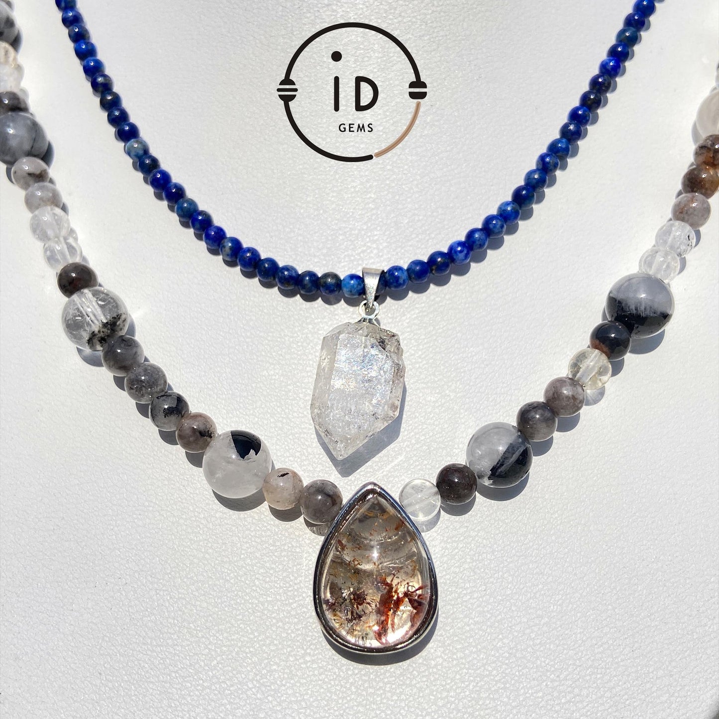 Handmade Double Gemstone Necklace with Lapis Lazuli, Phantom Quartz & Natural Crystal｜Layered Beaded Necklace Gift｜Spiritual Healing Jewelry