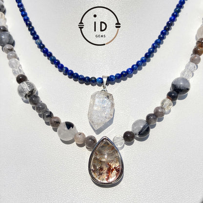 Handmade Double Gemstone Necklace with Lapis Lazuli, Phantom Quartz & Natural Crystal｜Layered Beaded Necklace Gift｜Spiritual Healing Jewelry