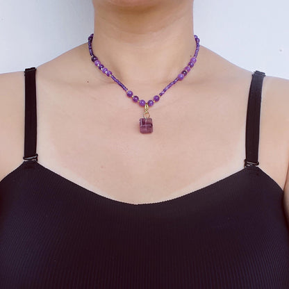 Short Amethyst Beaded Necklace with Purple Fluorite Pendant｜Handmade Spiritual Jewelry｜Meditation Gift for Women