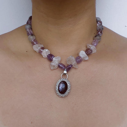 Chunky Amethyst & Clear Quartz Necklace with Moonstone Pendant｜Handmade Vintage-Style Statement Jewelry for Women
