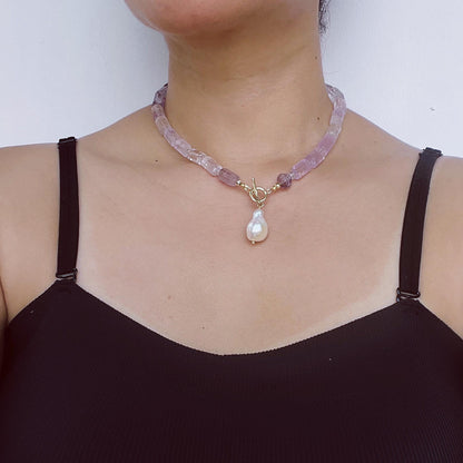 Lavender Amethyst Cube Bead Necklace with Baroque Pearl Pendant｜Handmade Purple Gemstone Jewelry｜Unique Gift for Women