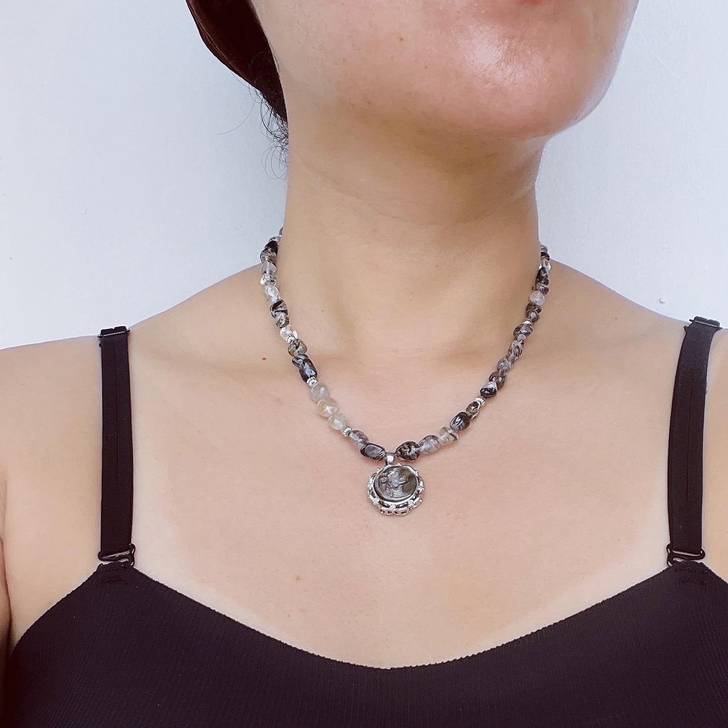 Handmade Cameo Necklace with Girl Pendant｜Black Rutilated Quartz Beads｜Natural Shell Cameo｜Unique Personalized Jewelry Gift