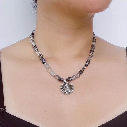 Handmade Cameo Necklace with Girl Pendant｜Black Rutilated Quartz Beads｜Natural Shell Cameo｜Unique Personalized Jewelry Gift