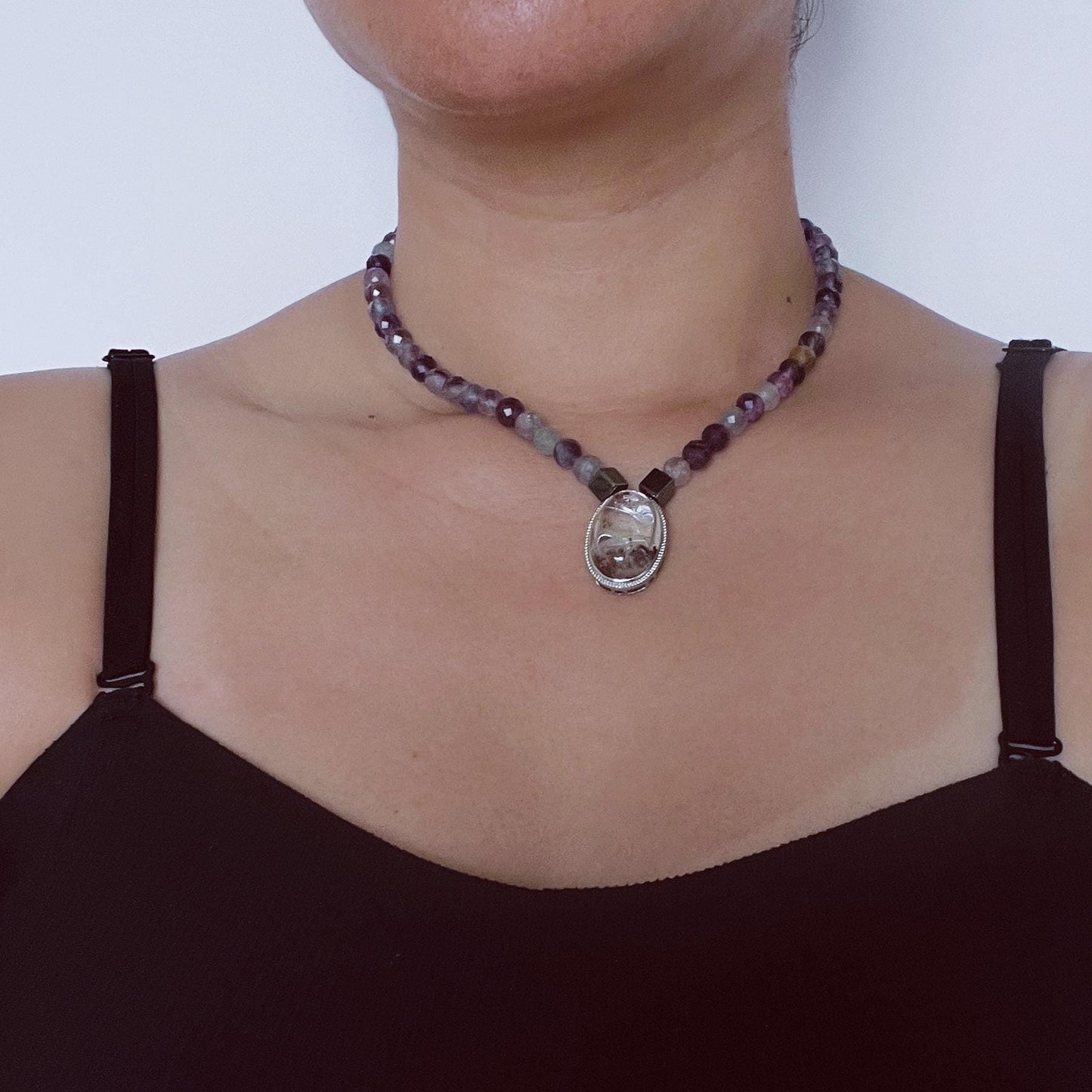 Colorful Gemstone Beaded Necklace with Faceted Crystal｜Handmade Hematite, Spirit Quartz & Fluorite Jewelry｜Unique Gift for Women