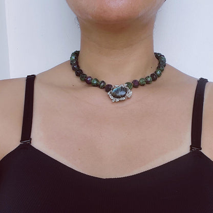 Große Smaragd-Perlenkette im Zauberwald-Stil | Labradorit spiritueller Anhänger | Vintage Gothic Schmuck | Einzigartiges Geschenk