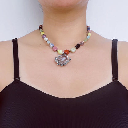 Vintage Silber Blumenanhänger Achat Halskette | Große unregelmäßige handgefertigte Perlen | Boho Stil Armband | Einzigartiges Kunstgeschenk