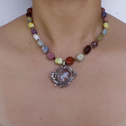 Vintage Silber Blumenanhänger Achat Halskette | Große unregelmäßige handgefertigte Perlen | Boho Stil Armband | Einzigartiges Kunstgeschenk