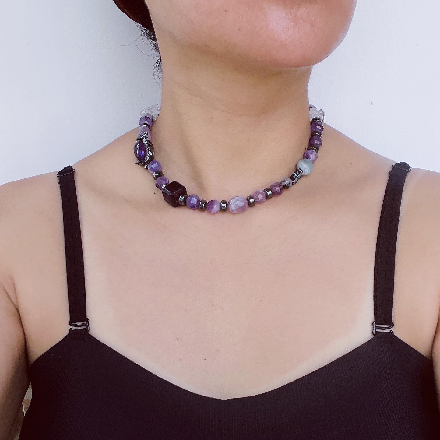 Dicke Amethyst-Halskette mit handgefertigtem Design im spirituellen Boho-Stil｜Geschenk für Meditationsräume