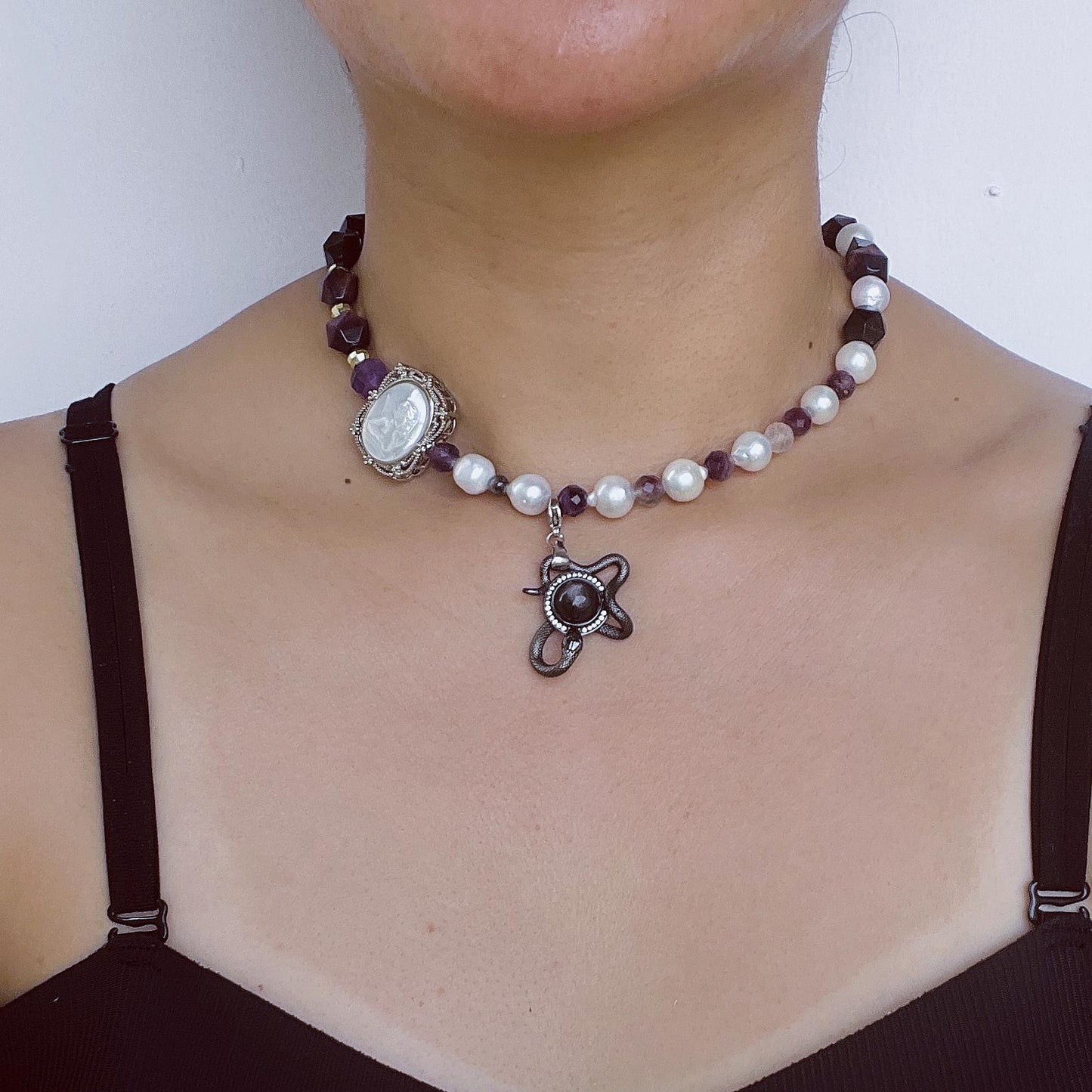 Massive Vintage Barock-Perlen Amethyst Perlenkette｜Engelsmuschel-Gravur + Sonnenstein Schlangenmotiv｜Heilender Geschenkartikel