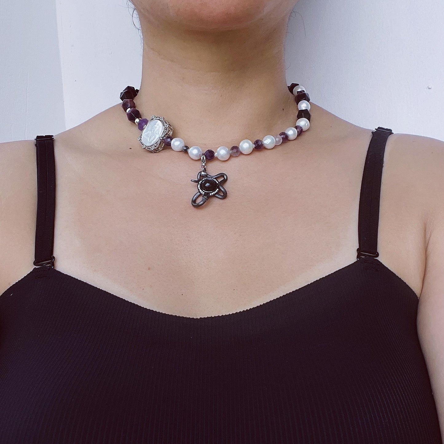 Massive Vintage Barock-Perlen Amethyst Perlenkette｜Engelsmuschel-Gravur + Sonnenstein Schlangenmotiv｜Heilender Geschenkartikel