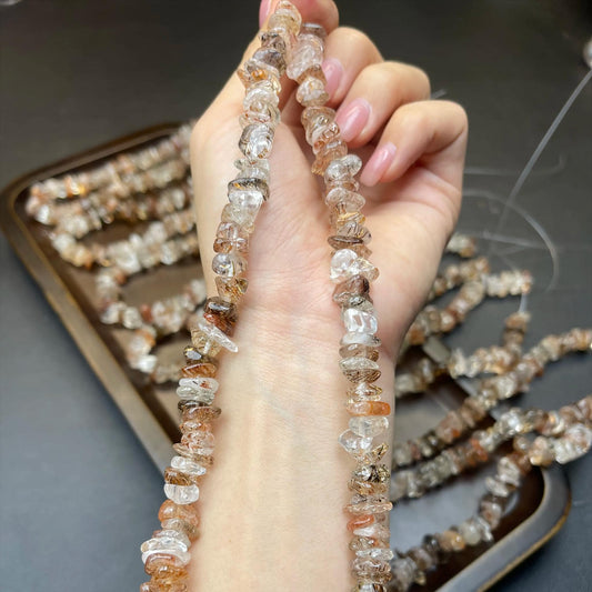 Natural Black-Gold Landscape Quartz Chip Beads 8mm | Medium Drill with Golden Rutile & Dark Inclusions | DIY Bracelets, Necklaces, Earrings