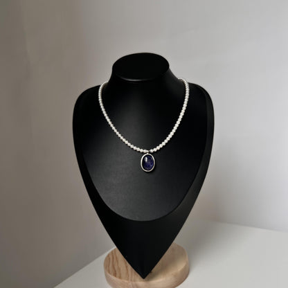 Natural Pearl Necklace with Dark Blue Sodalite Pendant｜Round Freshwater Pearls｜Handmade Elegant Jewelry｜Unique Gift for Women