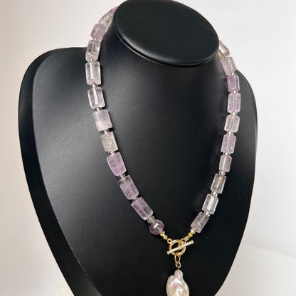 Lavender Amethyst Cube Bead Necklace with Baroque Pearl Pendant｜Handmade Purple Gemstone Jewelry｜Unique Gift for Women