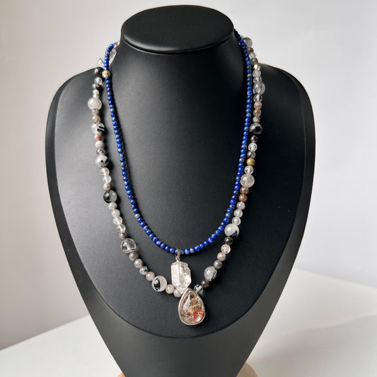 Handmade Double Gemstone Necklace with Lapis Lazuli, Phantom Quartz & Natural Crystal｜Layered Beaded Necklace Gift｜Spiritual Healing Jewelry