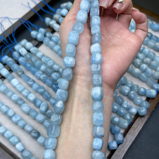Natürliche Aquamarin-Perlen, unregelmäßige Würfel, 8–10 mm, 38 cm Strang, mittleres Loch, frisches Meeresblau, DIY-Armband, Halskette, Ohrring, Schmuck