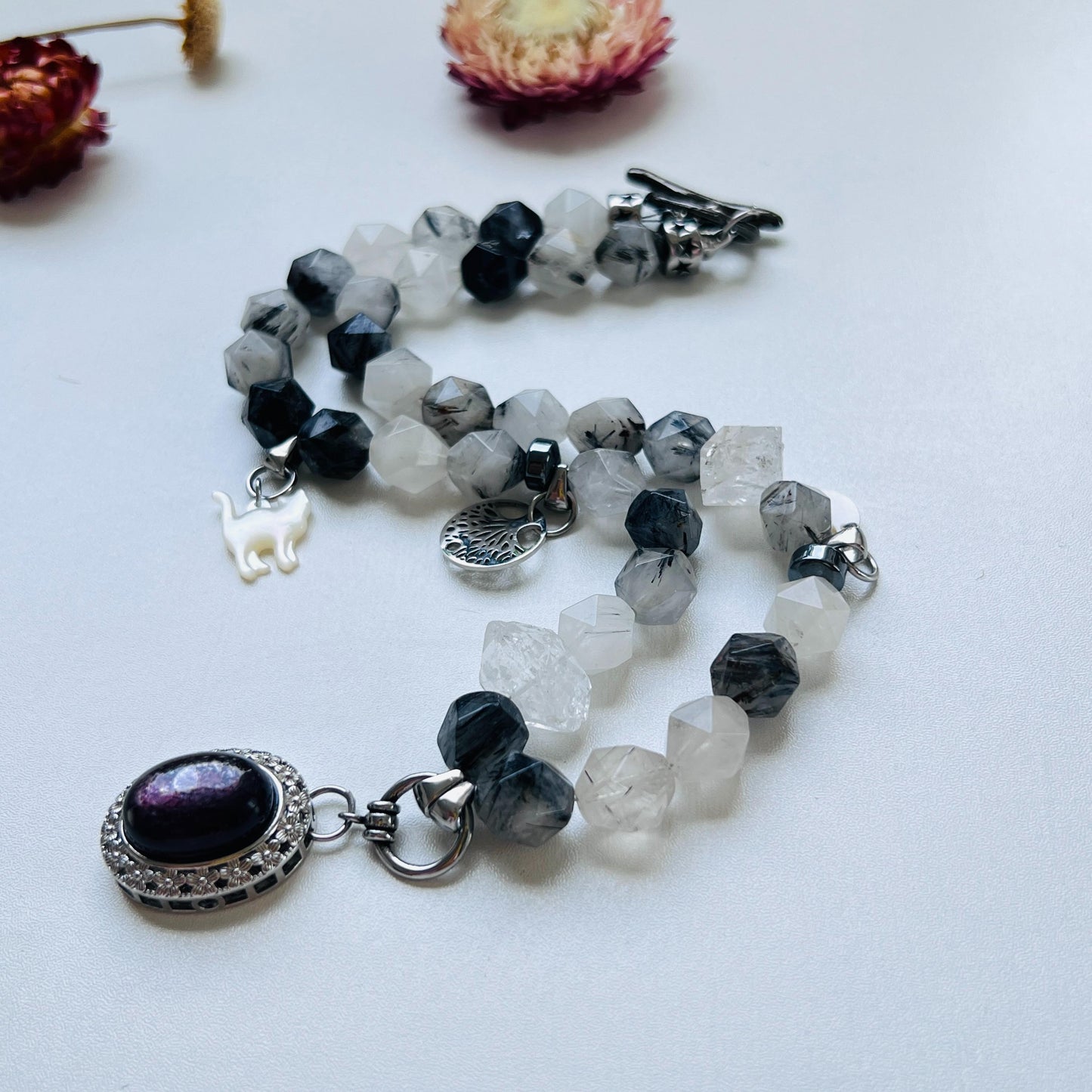 Raw Crystal Pendant Necklace｜Boho Energy Jewelry｜Clear Quartz, Tourmalinated Quartz & Fluorite｜Handmade Spiritual Healing Necklace