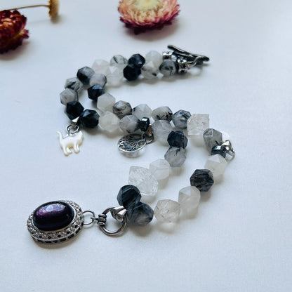 Raw Crystal Pendant Necklace｜Boho Energy Jewelry｜Clear Quartz, Tourmalinated Quartz & Fluorite｜Handmade Spiritual Healing Necklace