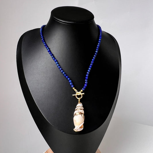 Lapis Lazuli Shell Pendant Necklace｜Natural Energy Jewelry｜Vintage Ocean Style｜Handmade Summer Beach Gift｜Blue Gemstone Choker