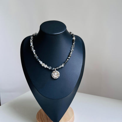 Handmade Cameo Necklace with Girl Pendant｜Black Rutilated Quartz Beads｜Natural Shell Cameo｜Unique Personalized Jewelry Gift