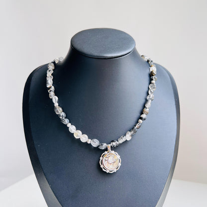 Handmade Cameo Necklace with Girl Pendant｜Black Rutilated Quartz Beads｜Natural Shell Cameo｜Unique Personalized Jewelry Gift