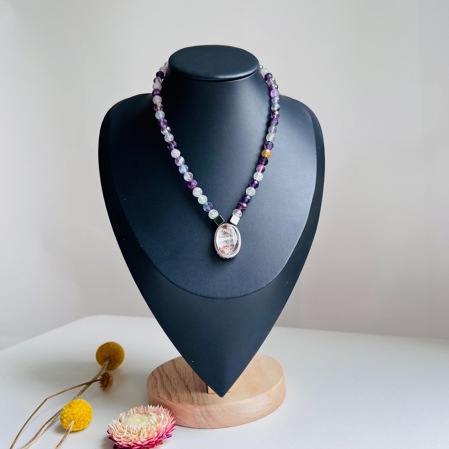Colorful Gemstone Beaded Necklace with Faceted Crystal｜Handmade Hematite, Spirit Quartz & Fluorite Jewelry｜Unique Gift for Women