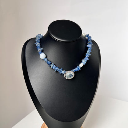 Raw Sapphire-Inspired Irregular Necklace｜Natural Kyanite, Aquamarine & Pearl Beaded Necklace｜Handmade Spiritual Blue Gemstone Jewelry