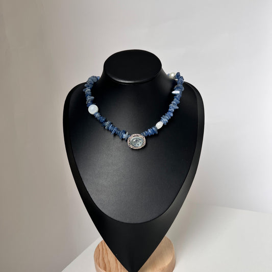 Raw Sapphire-Inspired Irregular Necklace｜Natural Kyanite, Aquamarine & Pearl Beaded Necklace｜Handmade Spiritual Blue Gemstone Jewelry