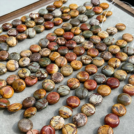 Natural Picasso Stone Coin Beads · 16×6.5mm Round Flat · 38cm Pre-Drilled Strand | Artistic Gemstone Beads for DIY Bracelet & Necklace