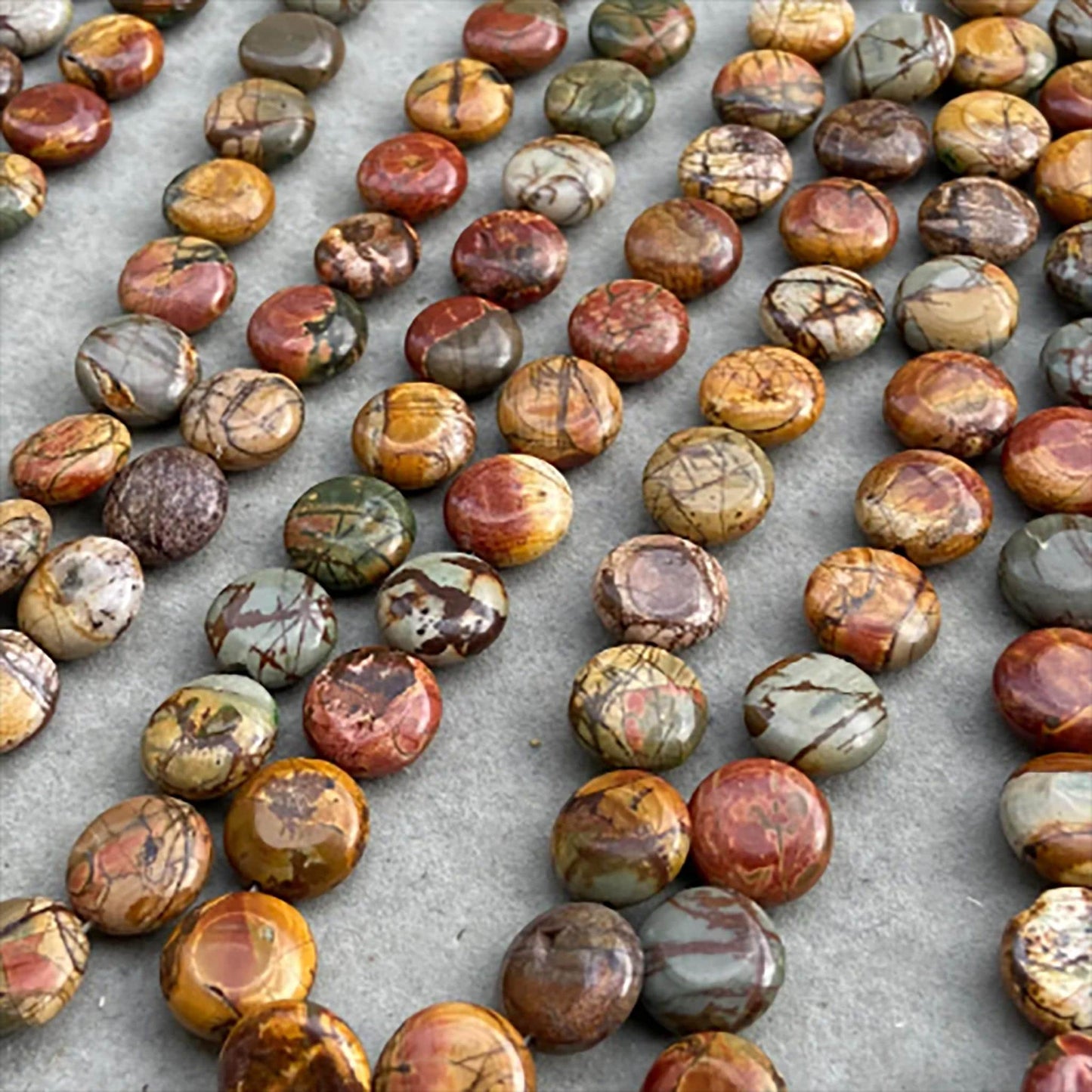 Natural Picasso Stone Coin Beads · 16×6.5mm Round Flat · 38cm Pre-Drilled Strand | Artistic Gemstone Beads for DIY Bracelet & Necklace