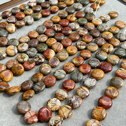 Natural Picasso Stone Coin Beads · 16×6.5mm Round Flat · 38cm Pre-Drilled Strand | Artistic Gemstone Beads for DIY Bracelet & Necklace
