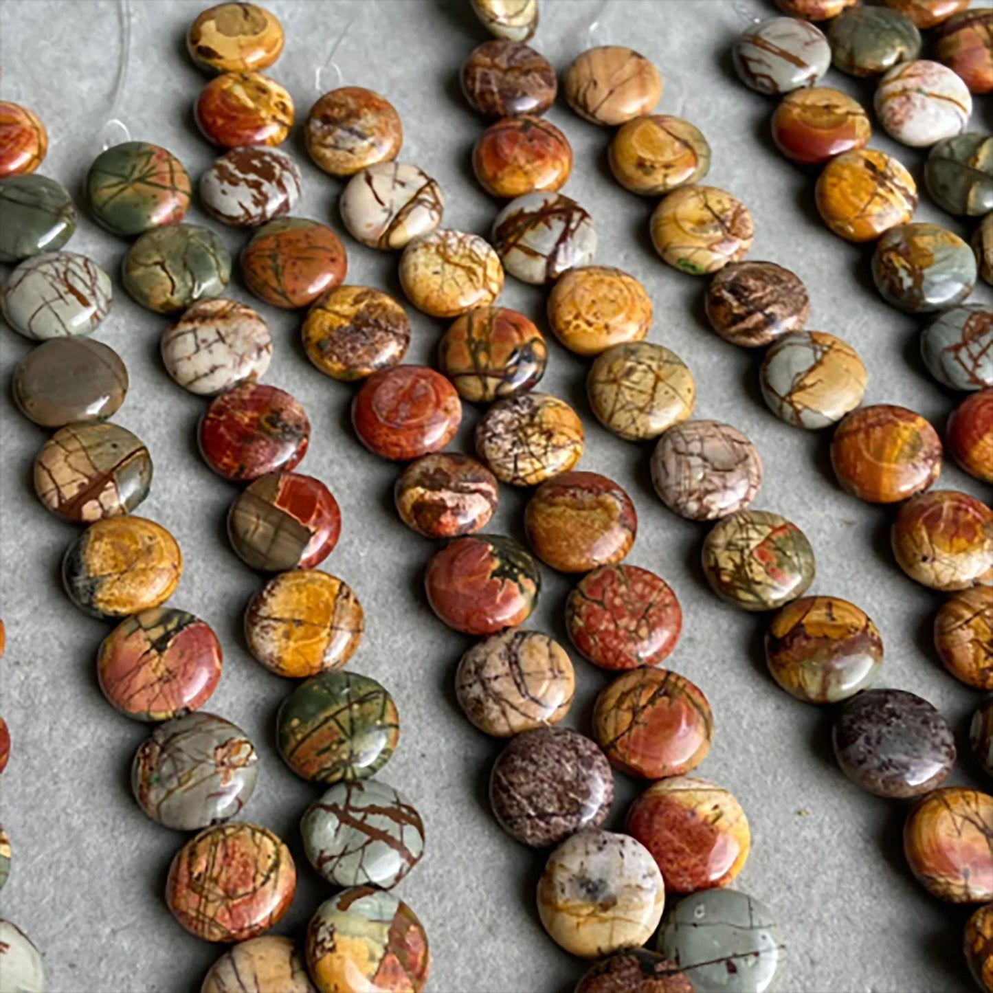 Natural Picasso Stone Coin Beads · 16×6.5mm Round Flat · 38cm Pre-Drilled Strand | Artistic Gemstone Beads for DIY Bracelet & Necklace