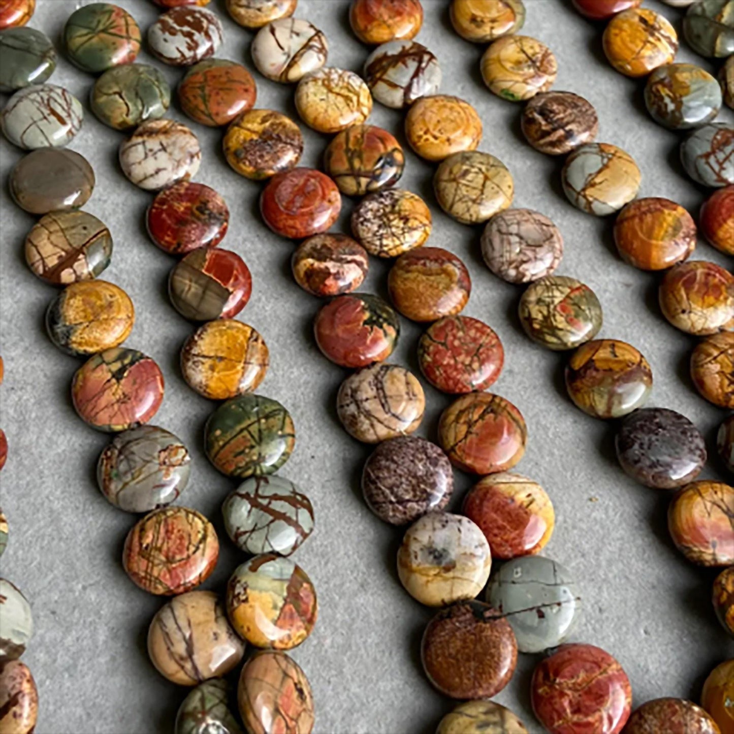 Natural Picasso Stone Coin Beads · 16×6.5mm Round Flat · 38cm Pre-Drilled Strand | Artistic Gemstone Beads for DIY Bracelet & Necklace