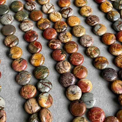 Natural Picasso Stone Coin Beads · 16×6.5mm Round Flat · 38cm Pre-Drilled Strand | Artistic Gemstone Beads for DIY Bracelet & Necklace