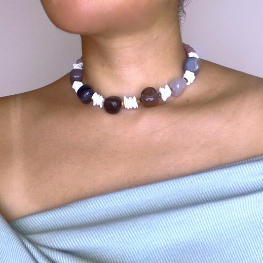 Chunky Boho Statement Necklace – Natural Agate & Shell Pearls, Pink Mother of Pearl, 42 cm Adjustable Choker, Healing Crystal Gift for Her