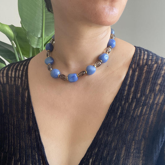 Chunky Blue Beaded Necklace | Handmade Boho Choker 45 cm | Summer Statement Jewelry, Ocean-Inspired Gift for Her, Festival Style