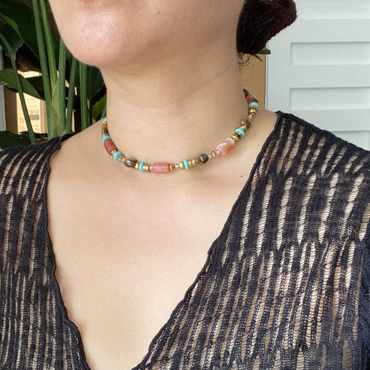 Boho Gemstone Choker Necklace | Natural Red Agate & Turquoise Beads | Colorful Statement Jewelry with Tiger Eye – Unique Gift for Her