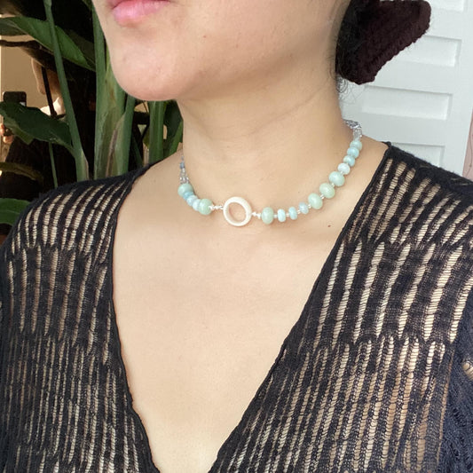 Mint Green Choker Necklace | Bodhi Wood Beads & Ice Blue Crystal Cubes with White Ring Pendant | Boho Statement Jewelry Gift for Her
