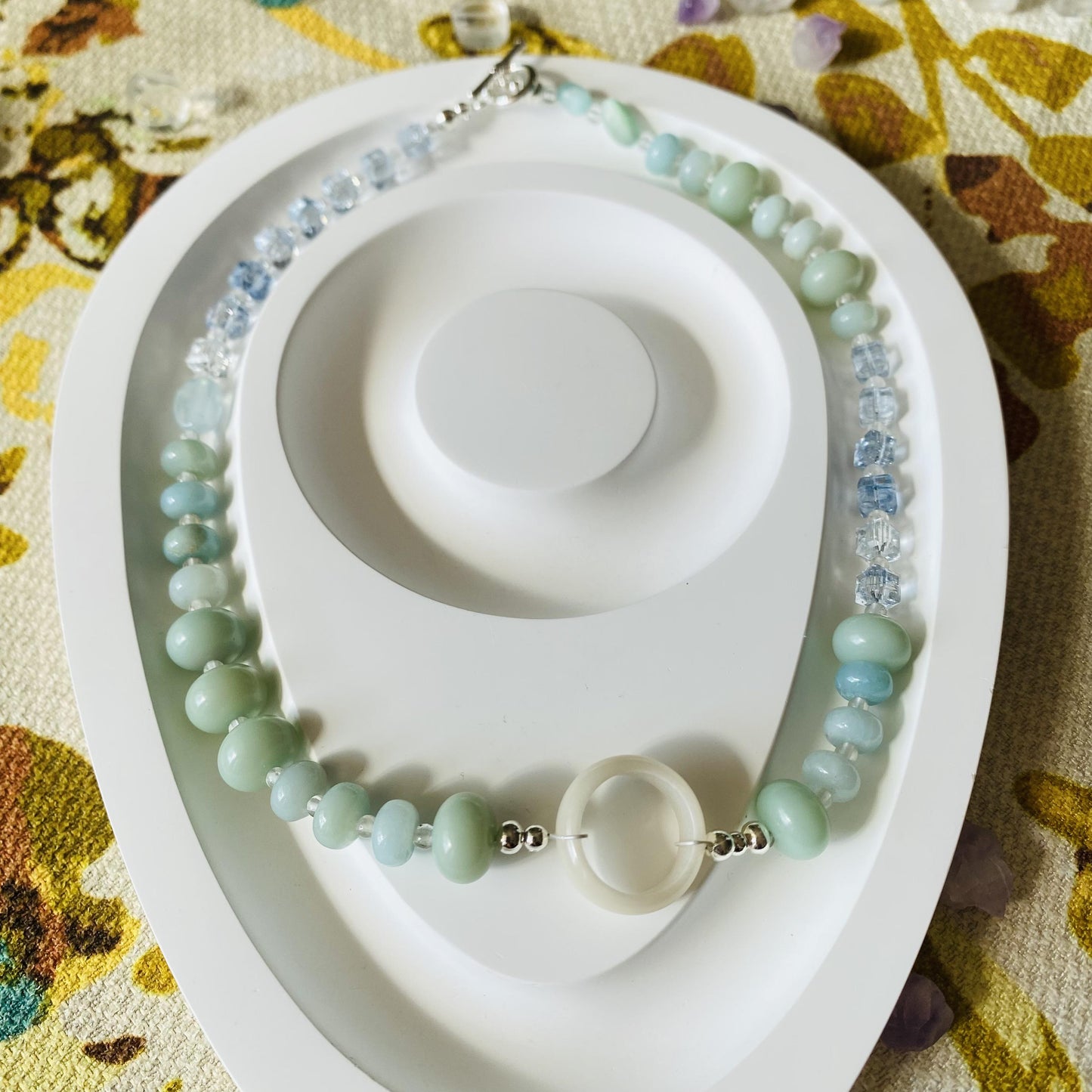 Mint Green Choker Necklace | Bodhi Wood Beads & Ice Blue Crystal Cubes with White Ring Pendant | Boho Statement Jewelry Gift for Her