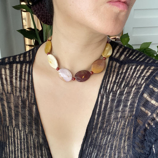 Bold Gemstone Necklace with Chunky Navette-Cut Red Agate & Hematite Beads | Handmade Boho Ethnic Statement Jewelry Gift