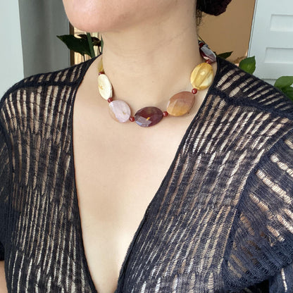 Bold Gemstone Necklace with Chunky Navette-Cut Red Agate & Hematite Beads | Handmade Boho Ethnic Statement Jewelry Gift