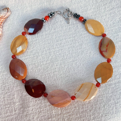 Bold Gemstone Necklace with Chunky Navette-Cut Red Agate & Hematite Beads | Handmade Boho Ethnic Statement Jewelry Gift