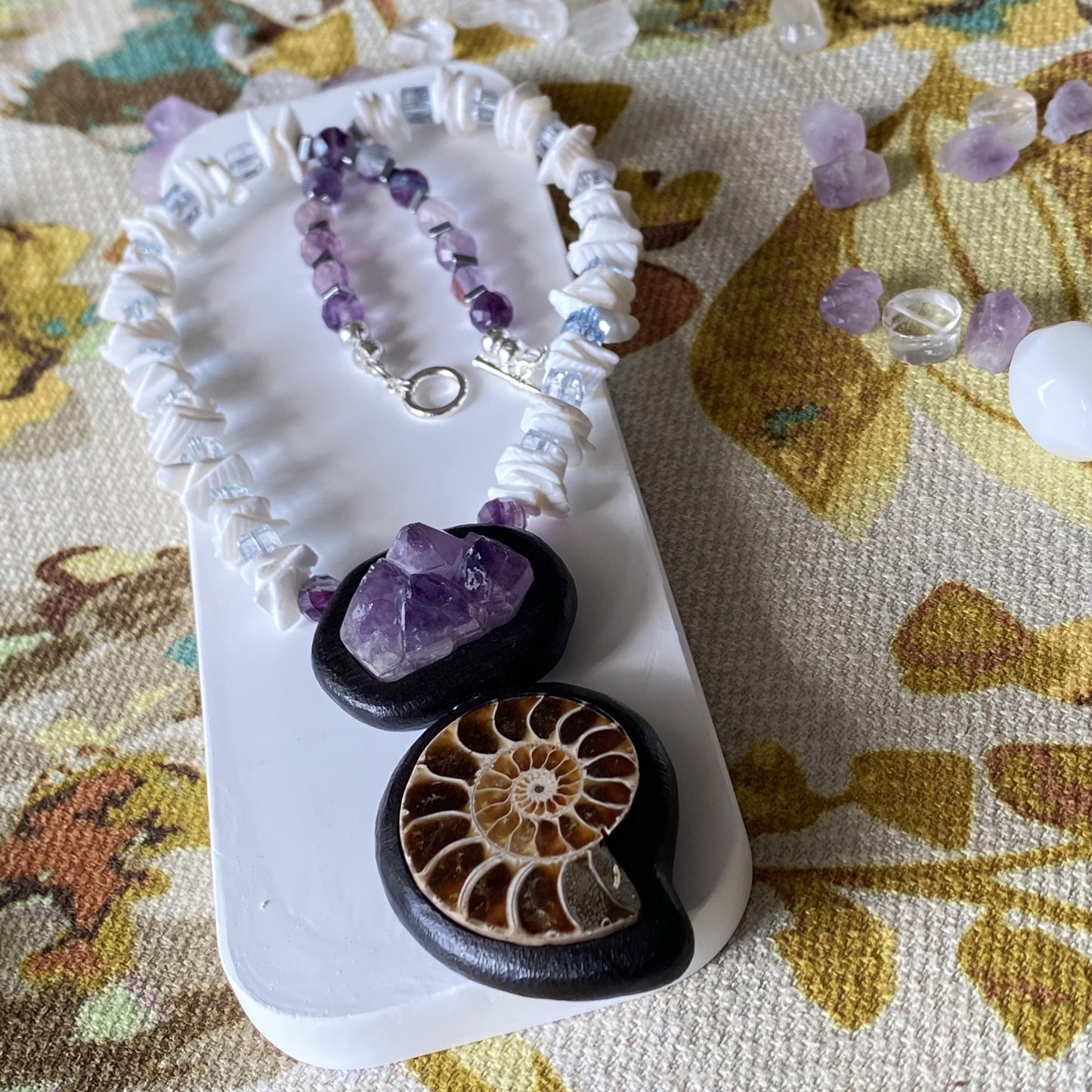Handmade Ebony Inlay Necklace with Amethyst Cluster & Fossil Ammonite | Unique Boho Ethnic Jewelry Gift | Natural Gemstone Statement Pendant