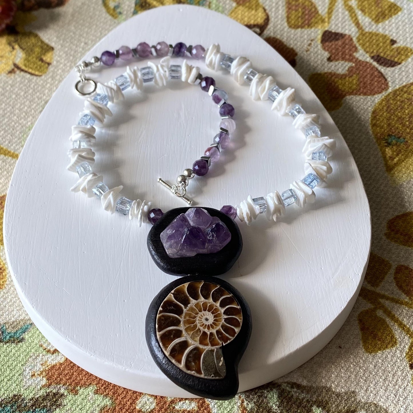 Handmade Ebony Inlay Necklace with Amethyst Cluster & Fossil Ammonite | Unique Boho Ethnic Jewelry Gift | Natural Gemstone Statement Pendant
