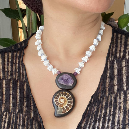 Handmade Ebony Inlay Necklace with Amethyst Cluster & Fossil Ammonite | Unique Boho Ethnic Jewelry Gift | Natural Gemstone Statement Pendant