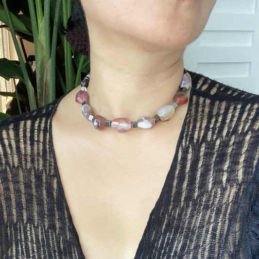 Unique Handmade Necklace with 925 Silver Clasp | Sakura Agate, Hematite & Quartz Beads | Boho Ethnic Gemstone Jewelry Gift